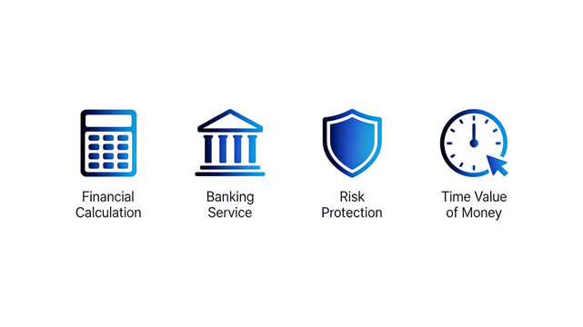 Calculator, bank building, risk shield, and clock represent the time value characteristics of risk control services, suitable for bank apps and financial management tools.
