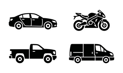 Fototapeta premium Essential black and white vector icons illustrating a range of common road vehicles, from passenger cars to utility vans and motorcycles, symbolizing diverse mobility and transport concepts