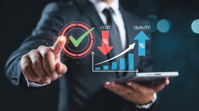 Businessman pointing at target with checkmark symbolizing success and growth in cost reduction and quality improvement.