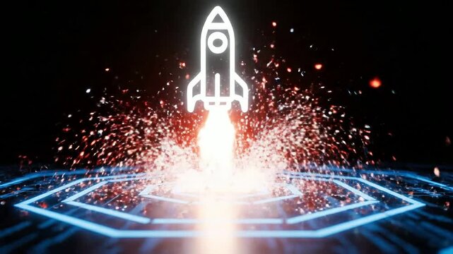 Rocket icon launches on a glowing technological platform or Startup rocket takes off on futuristic circuit board