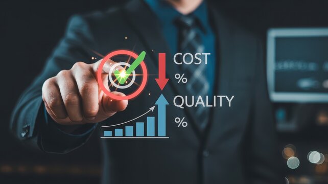 Businessman pointing at target with checkmark symbolizing success and growth in cost reduction and quality improvement.