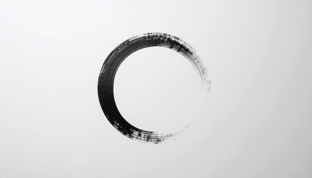 Abstract Zen enso ink circle brush stroke calligraphy on white background　白背景にダイナミックに描かれた墨と筆の円相 和風の抽象的なデザイン　イラスト