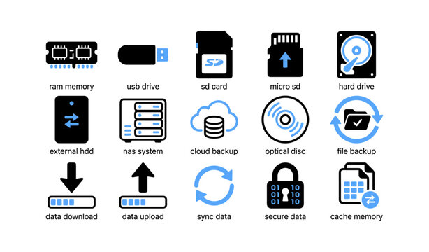 Computer storage and backup icons representing media and transfer