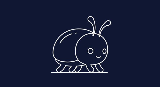 Minimalist white line drawing of a cute ladybug walking on a thin line against a solid dark blue background.