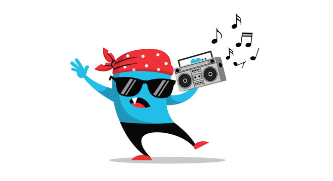 Cool blue monster character wearing a red bandana and sunglasses dances while holding a retro silver boombox.