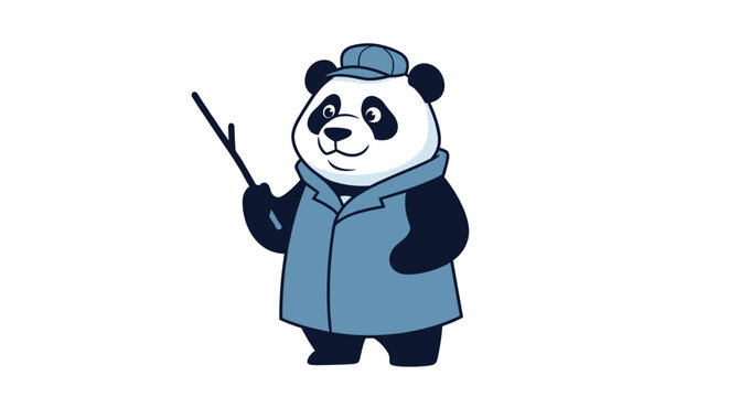 Friendly cartoon panda wearing a blue coat and matching cap holds a wooden stick while standing against a clean white background.