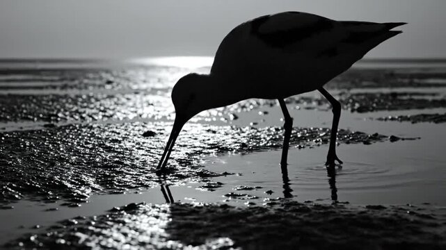 Black and white silhouette of a bird foraging in shallow water on a sunny beach at the shoreline