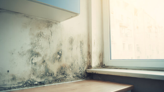 A close-up view of mold growth on a wall, highlighting the importance of health and clean living spaces in indoor environments.
