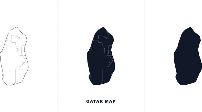 Qatar map set with outline, municipalities, and solid silhouette