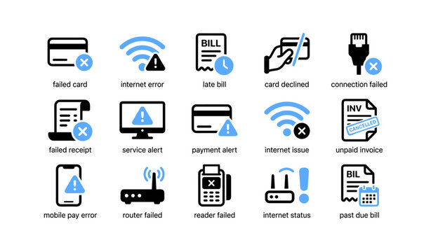 Payment and connectivity error icons arranged on white background