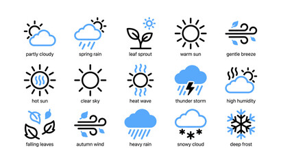 Fototapeta premium Weather icons displaying weather condition symbols on white