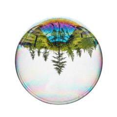 Fototapeta premium Iridescent bubble reflecting forest and sky