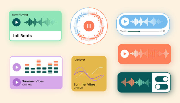 Modern audio player set. Sound waves, voice messages. Podcast music player. Mock up of music player vector