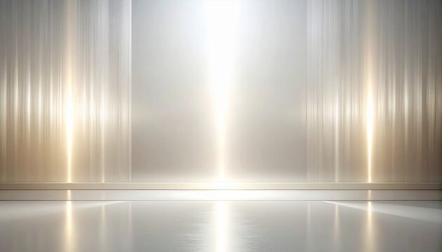 Elegant white and gold stage background with shining curtains of bright light　縦ラインの光が降り注ぐ白とゴールドのエレガントなステージ 背景素材　イラスト