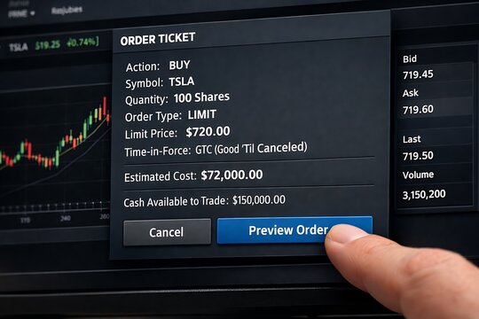 Online Stock Trading: Investor Placing a Buy Order for TSLA Shares