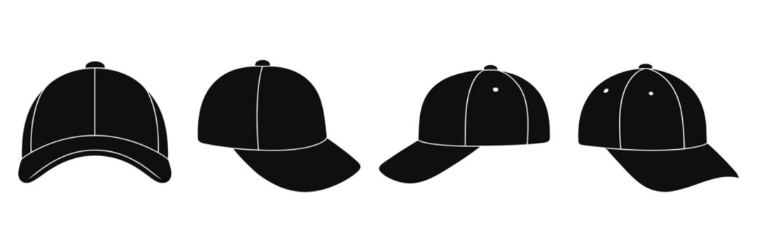 Baseball Cap Vector Icon Collection with Black Hat Silhouette Designs on White Background for Merchandise, Sportswear and Logo Projects
