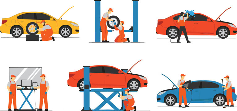 Car Service and Auto Repair Mechanic Icon Set with Garage Technicians Fixing Wheels, Lifting Vehicles, Diagnostic Testing, and Washing Sedans Vector