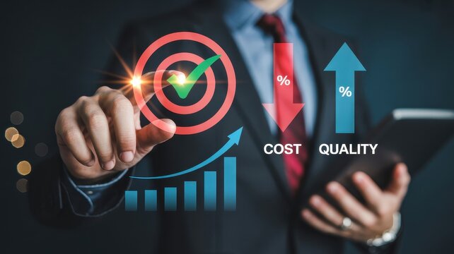Businessman pointing at target with checkmark symbolizing success and growth in cost reduction and quality improvement.