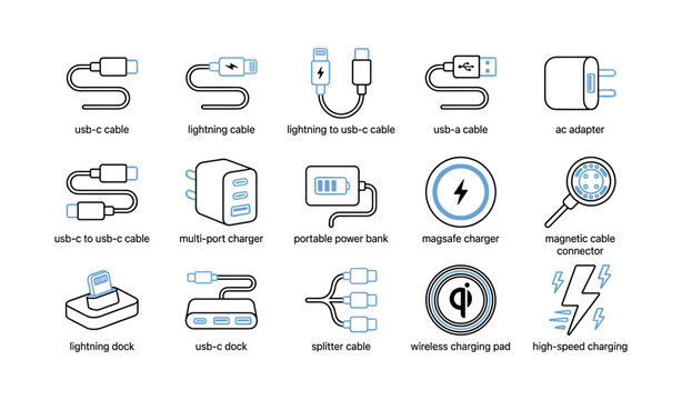 Charging and cable icons showing connectors chargers and accessories