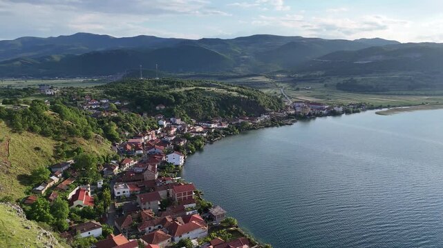Aerial Drone View of Lin Peninsula on Lake Ohrid in Pogradec Albania