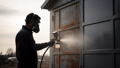 Fototapeta premium Profile of an industrial worker wearing a protective respirator mask using a spray gun to paint a large rusty metal shipping container structure outdoors