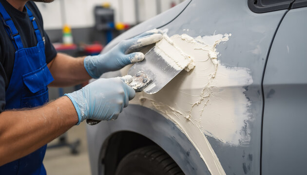Close up of auto mechanic hands in blue protective gloves applying white putty filler onto a damaged grey car fender with a metal spatula in a garage workshop