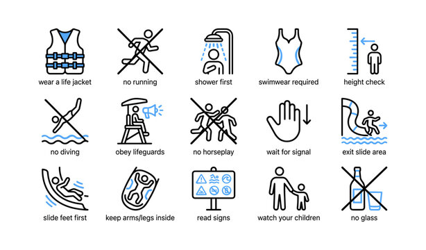 Pool safety and slide rules icons for water park area