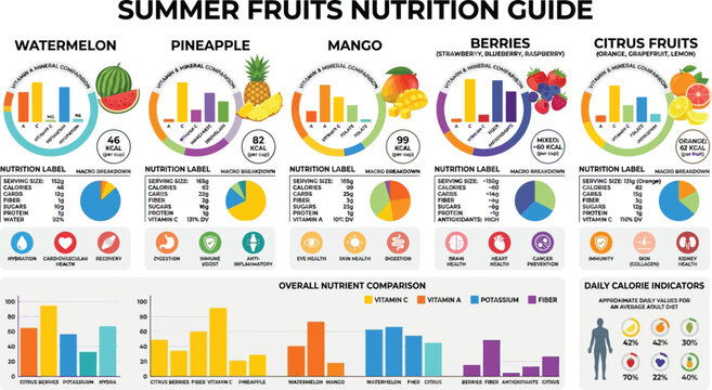 Nutrition chart displays detailed health data for various summer fruits.