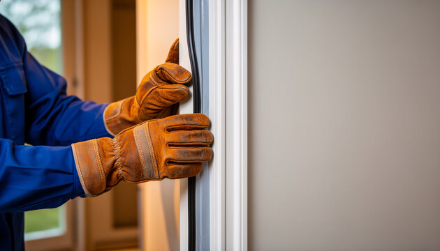 Close up of professional technician hands wearing heavy protective leather gloves installing black rubber weather stripping seal into a white pvc window frame