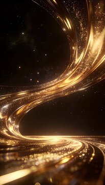 Liquid Gold abstract liquid gold swirl glowing golden wave fantasy energy trail cosmic light flow glitter dust luxury shine futuristic curve magic galaxy sky background, luminous golden wave trail