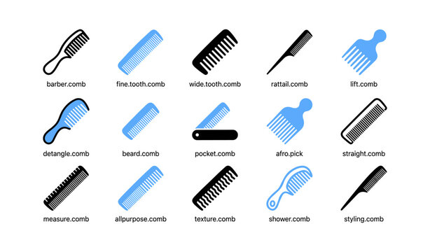 Various comb and pick icons displayed in rows on white background