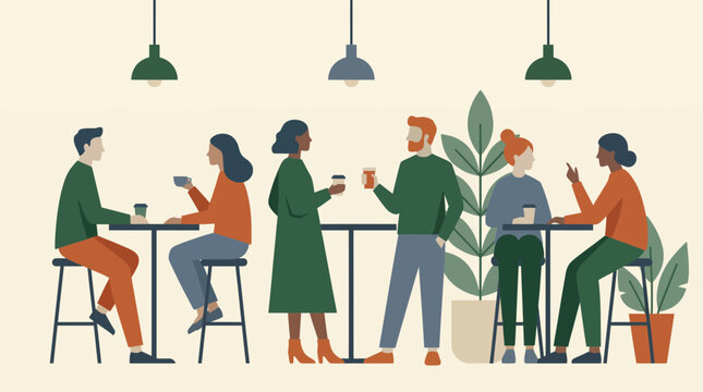 Diverse group of people sitting and standing while talking and drinking coffee in a modern minimalist cafe interior illustration, representing social gathering and community lifestyle