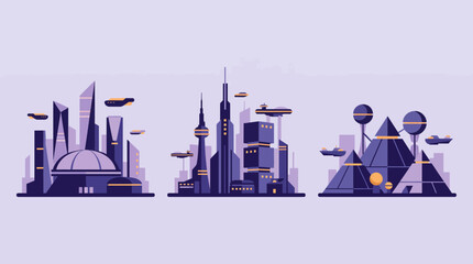 Obraz premium Futuristic cityscapes with skyscrapers and flying vehicles in a purple vector illustration, representing advanced urban technology, illustrating concepts for science fiction design