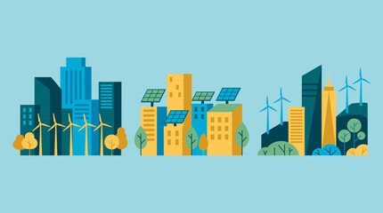 Fototapeta premium Modern flat illustration set of eco friendly cityscapes with tall skyscrapers, solar panels, wind turbines and green trees, representing renewable energy and sustainable urban development