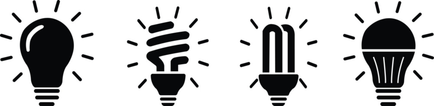 Four black light bulb icons with radiating lines on white background lightbulb idea