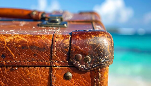 Vintage Leather Suitcase on a Tropical Beach Vacation