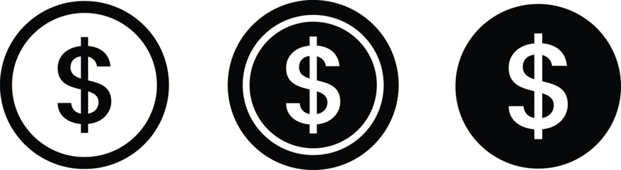 Obraz premium Three black and white dollar sign coin icons on white background money currency