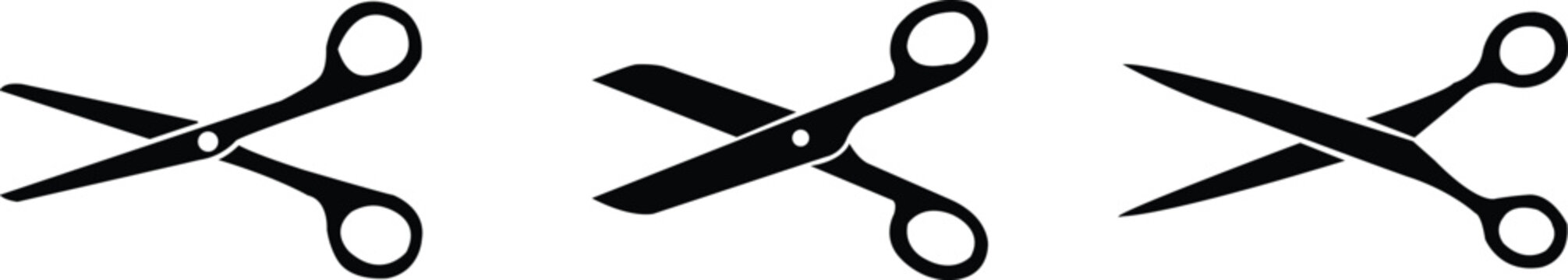 Three black scissors icons on white background different open positions cutting tool