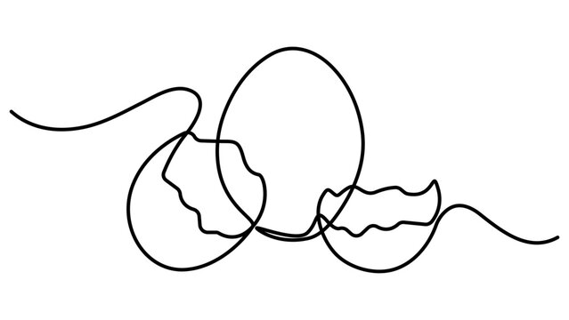 Continuous line drawing of a broken egg shell with a whole egg in the middle, minimalist vector illustration of eggshell isolated on white background