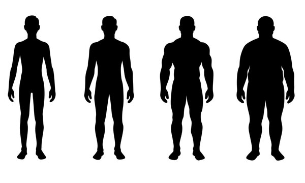 Black silhouette representation of four different male body types showing variations in physical fitness