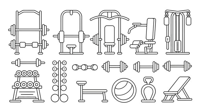 gym equipment line art exercise machines weights barbell dumbbell bench ball kettlebell illustration black white fitness health training workout strength conditioning