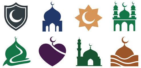 Colorful Mosque Silhouette Icons Collection Islamic Architecture Minarets Domes Religious Buildings Muslim Cultural Symbols Vector Illustration, vibrant flat design for cultural heritage and community © MD REZAUL