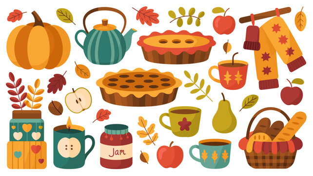 autumn themed colorful vector illustration fall pumpkin pie apple tea cup leaves seasonal food drink jam bread basket graphic design pattern