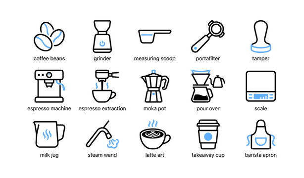 Coffee equipment and barista icons arranged in grid layout