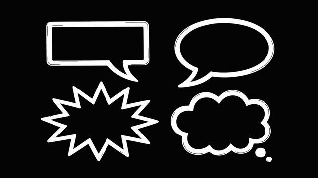 speech bubble icons on black background white outline dialogue communication thought cloud burst rectangle vector graphic design element talk message conversation