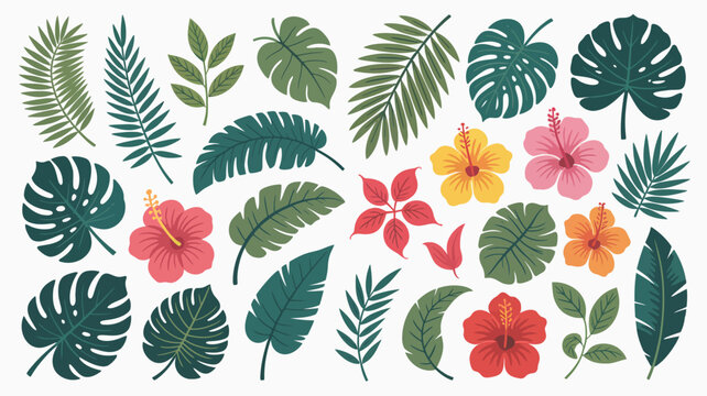tropical leaves and flowers vector illustration botanical nature green red yellow pink monstera palm hibiscus floral pattern design graphic art element