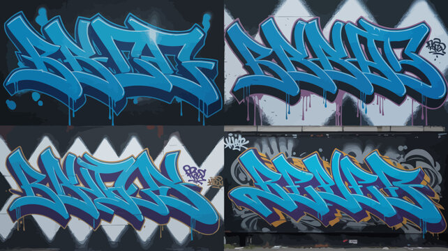 graffiti art collage on urban walls street painting tagging blue purple yellow black white dripping letters text pattern background scenic outdoor