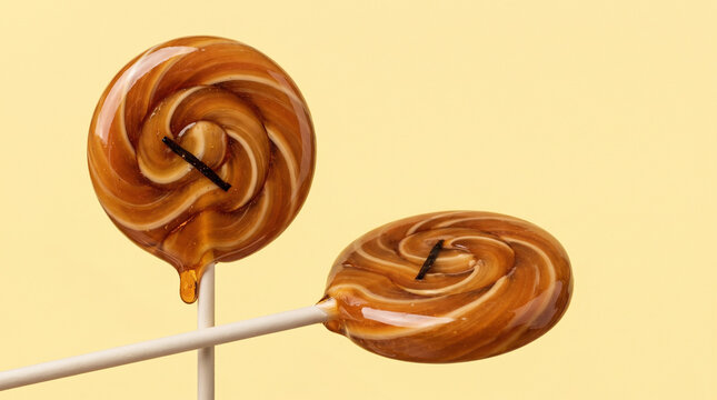 Two Glossy Caramel Swirl Lollipops with Vanilla Bean on Yellow Background