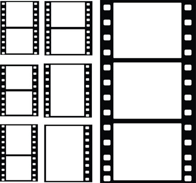 Set of black film strip frames and movie tape borders for cinema photography and video production graphic design