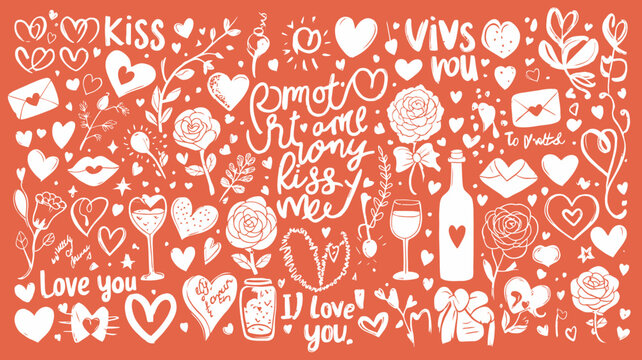 romantic doodles on coral background hearts flowers wine glass love you kiss vivs rou white illustrations vector art hand drawn sentimental